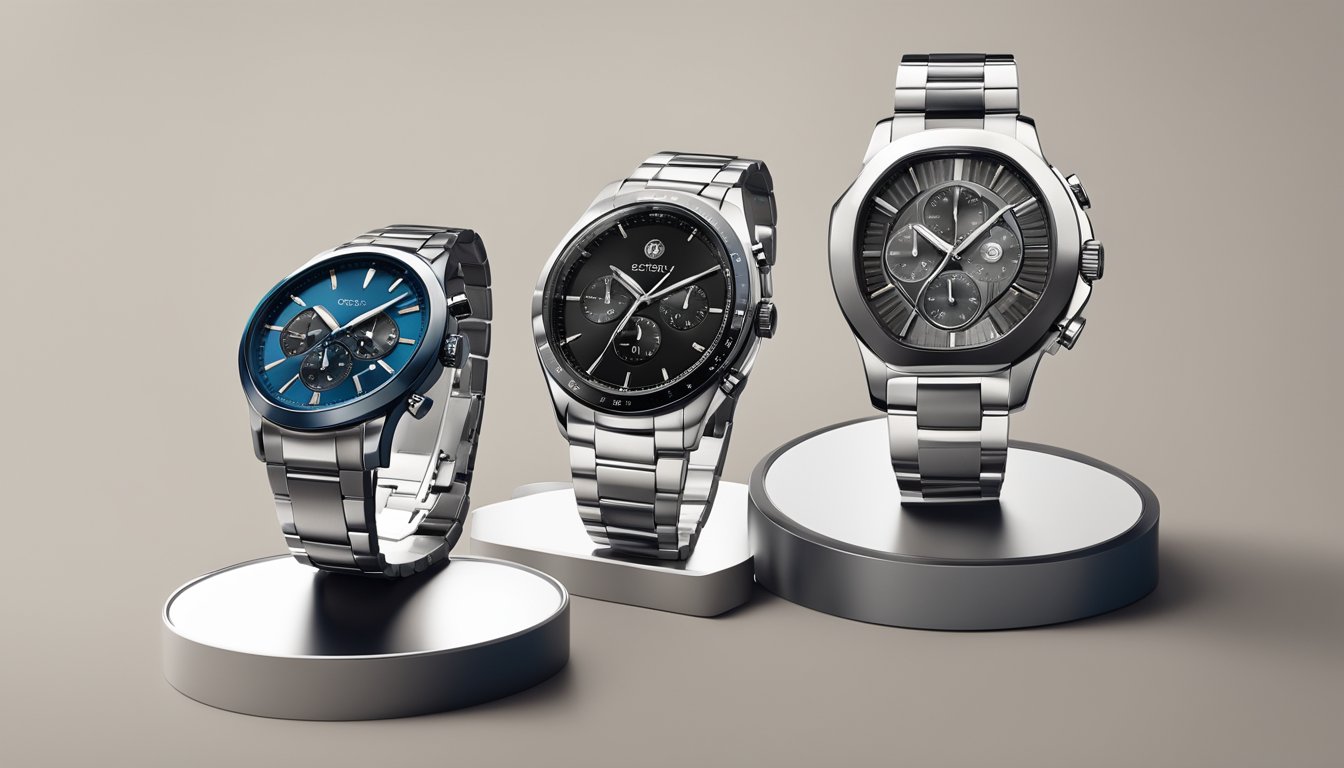 A display of top affordable watch brands arranged on a sleek, modern watch stand against a clean, minimalist background
