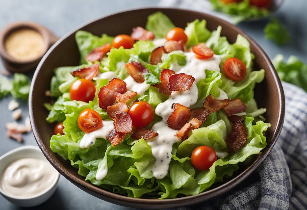 A colorful bowl filled with chopped lettuce, crispy bacon, juicy tomatoes, and creamy ranch dressing drizzled on top