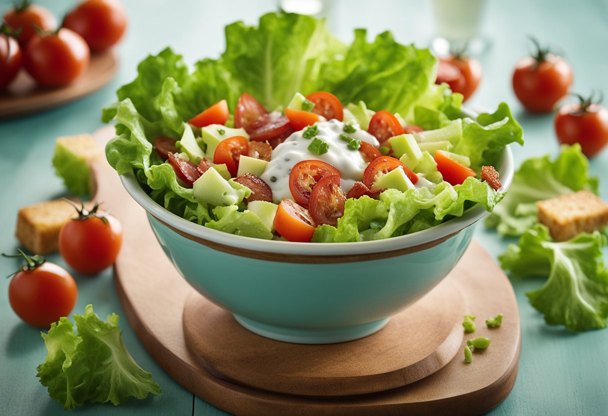 A colorful bowl filled with chopped lettuce, crispy bacon, juicy tomatoes, and crunchy croutons, drizzled with creamy buttermilk ranch dressing