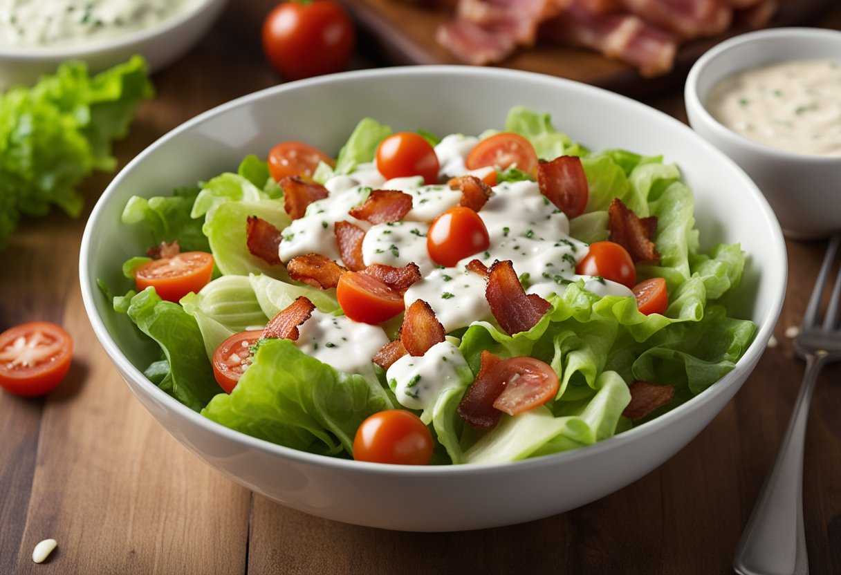 A bowl of chopped lettuce, tomatoes, and bacon, drizzled with creamy buttermilk ranch dressing. Ingredients for the dressing are displayed nearby