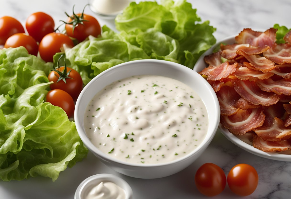 Fresh lettuce, crispy bacon, juicy tomatoes, and creamy ranch dressing being mixed together in a bowl