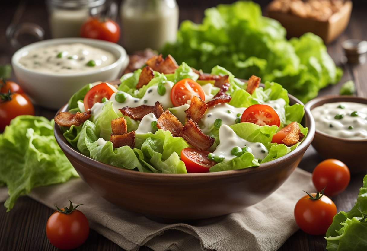 A colorful bowl filled with chopped lettuce, crispy bacon, juicy tomatoes, and crunchy croutons, topped with a drizzle of creamy buttermilk ranch dressing