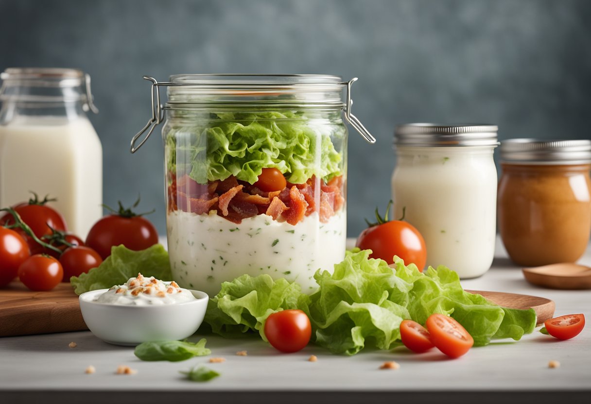 A colorful bowl filled with chopped lettuce, crispy bacon, juicy tomatoes, and creamy ranch dressing. A jar of buttermilk and a stack of Tupperware containers sit nearby