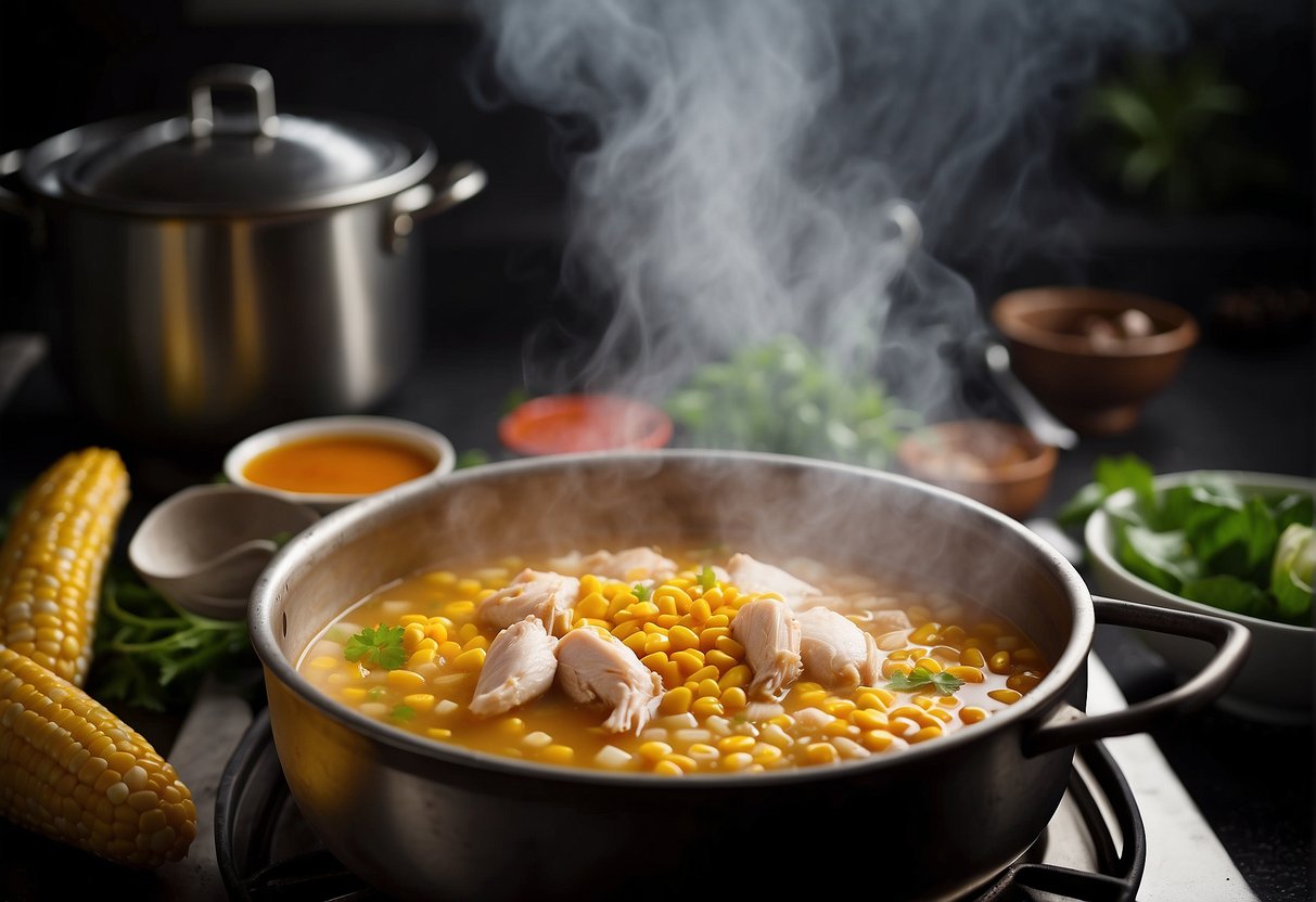 A steaming pot of Chinese chicken corn soup simmers on a stove, filled with tender pieces of chicken, sweet corn, and fragrant broth