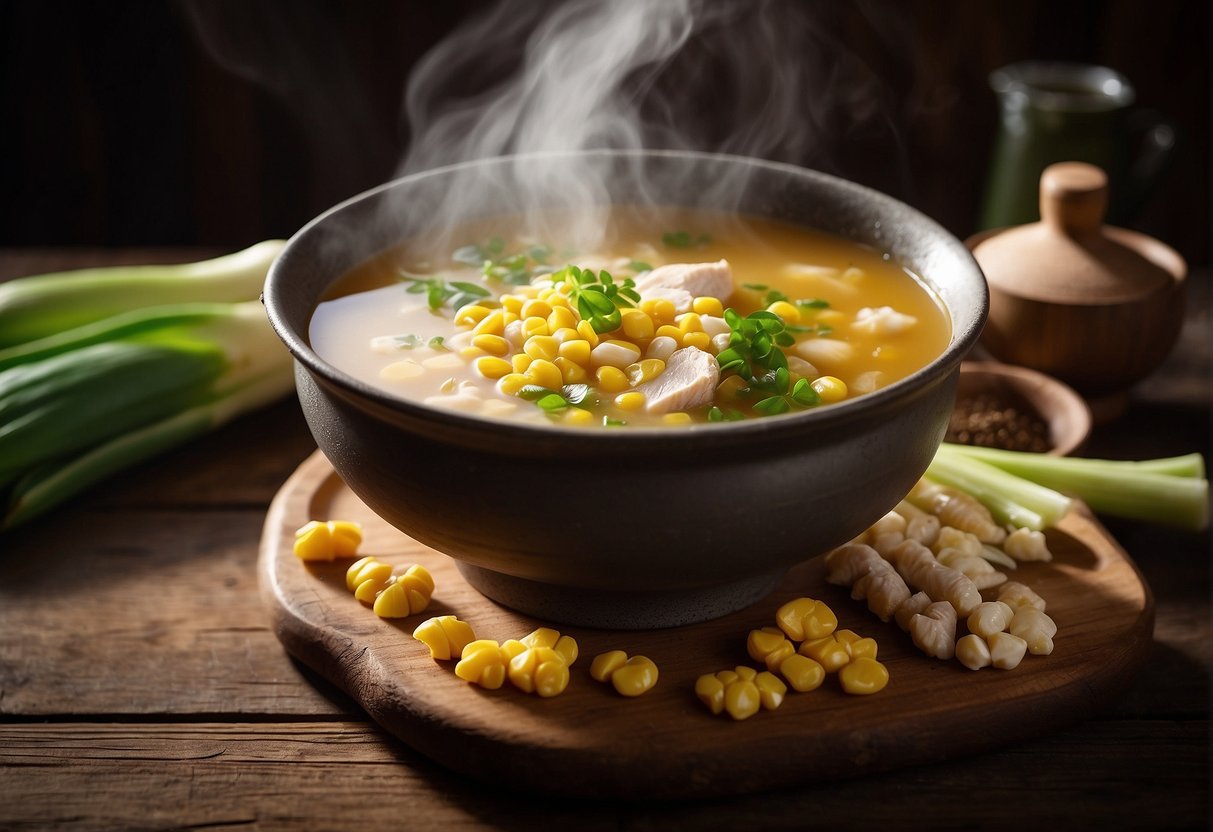 A steaming pot of Chinese chicken corn soup sits on a rustic wooden table, surrounded by traditional Chinese ingredients like ginger, scallions, and corn