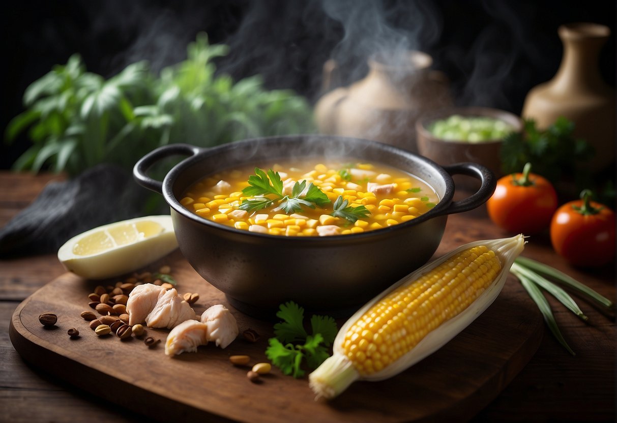 A steaming pot of Chinese chicken corn soup with fresh corn, tender chicken pieces, and aromatic herbs and spices