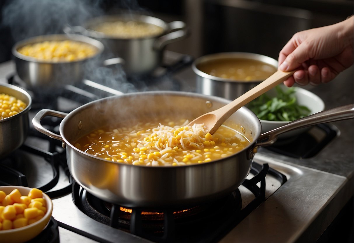 A pot simmering on a stove, filled with chicken broth, corn, and shredded chicken. A chef adds in ginger, soy sauce, and white pepper, stirring with a wooden spoon