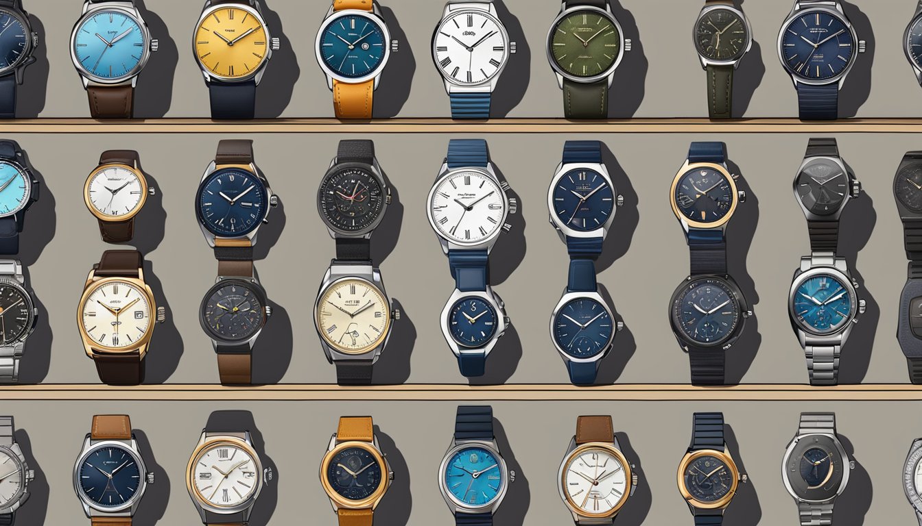 A display of various affordable watch brands, arranged neatly on a table, with price tags visible