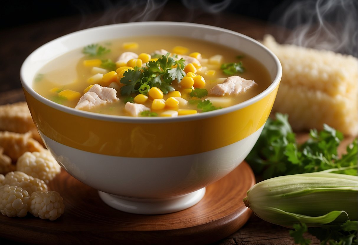 A steaming bowl of Chinese chicken corn soup with visible ingredients and nutritional information displayed on the side