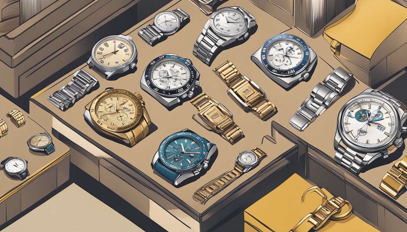 A table with various watch brands displayed, a sign reading "Frequently Asked Questions affordable watch brands" above