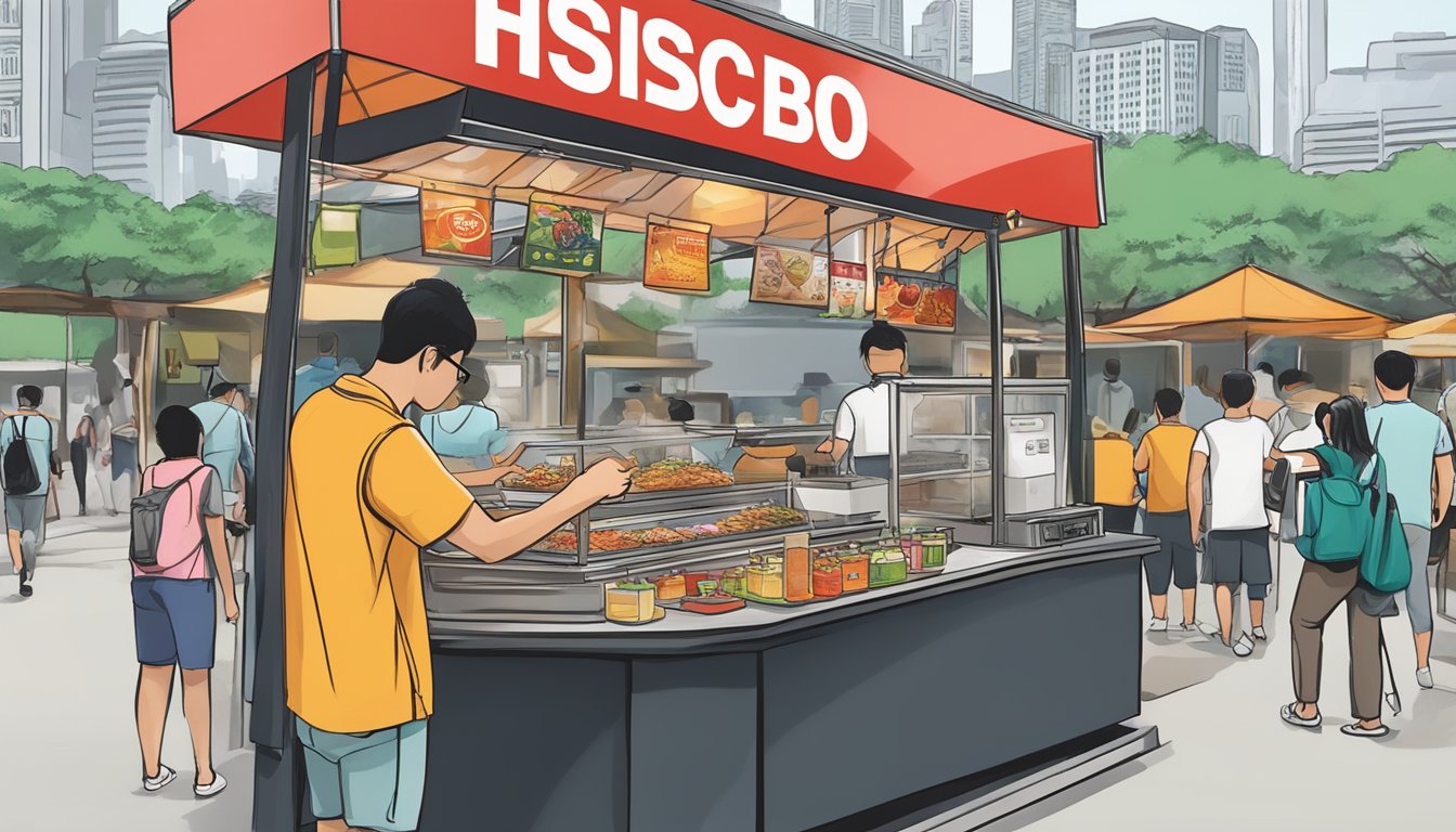 A traveler swipes an HSBC TravelOne credit card at a Singaporean street food stall, with iconic landmarks in the background