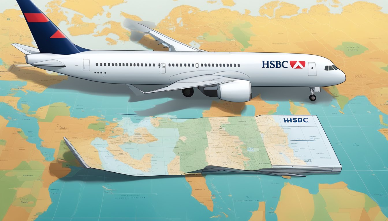 A passport, airplane tickets, and a map laid out on a table with the HSBC TravelOne credit card placed prominently in the center