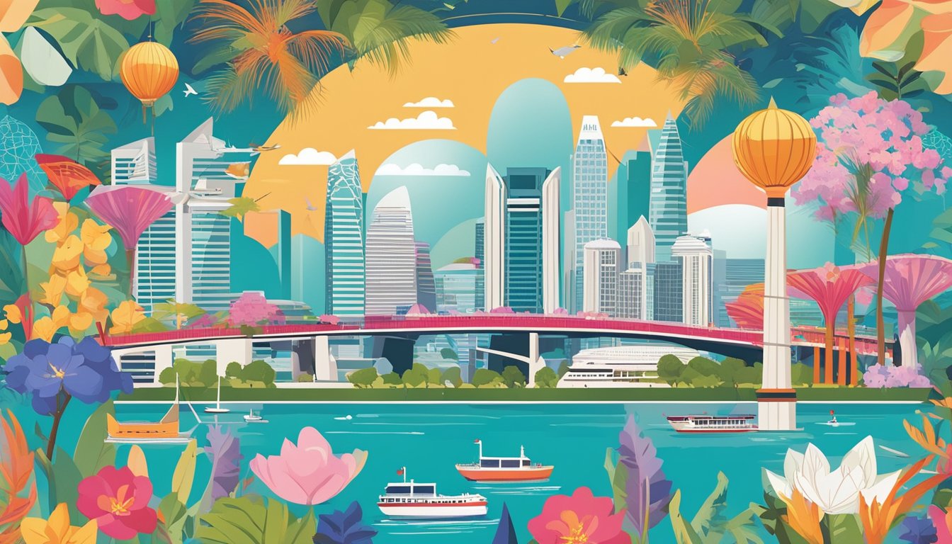 The HSBC TravelOne Credit Card sits on a vibrant background with iconic landmarks of Singapore in the backdrop. The card is surrounded by symbols of travel and leisure, emphasizing its key features and benefits