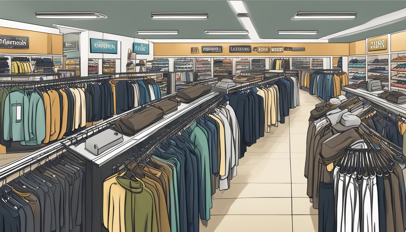 A crowded store with racks of discounted clothing and prominent "Brands for Less" signage