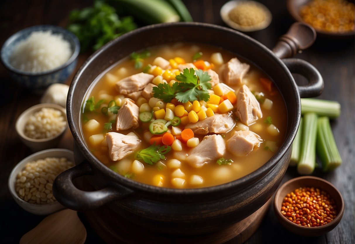 A steaming pot of Chinese chicken corn soup surrounded by traditional ingredients and utensils