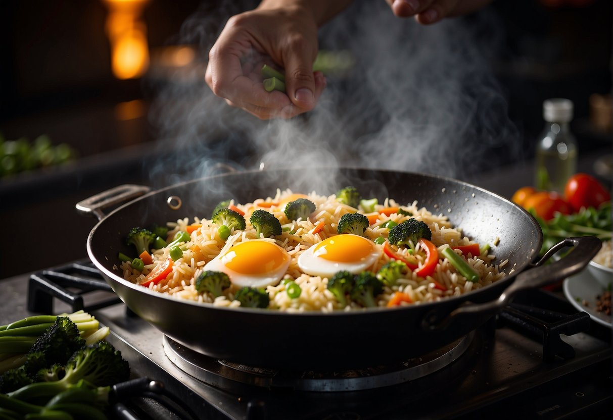 A wok sizzles with rice, eggs, vegetables, and savory seasonings. Steam rises as the chef tosses the ingredients with precision