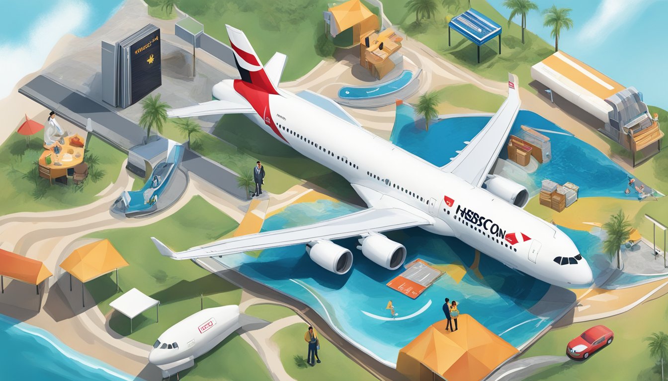 The HSBC TravelOne Credit Card perks include travel benefits and rewards. The scene could depict a passport, airplane, and travel destinations