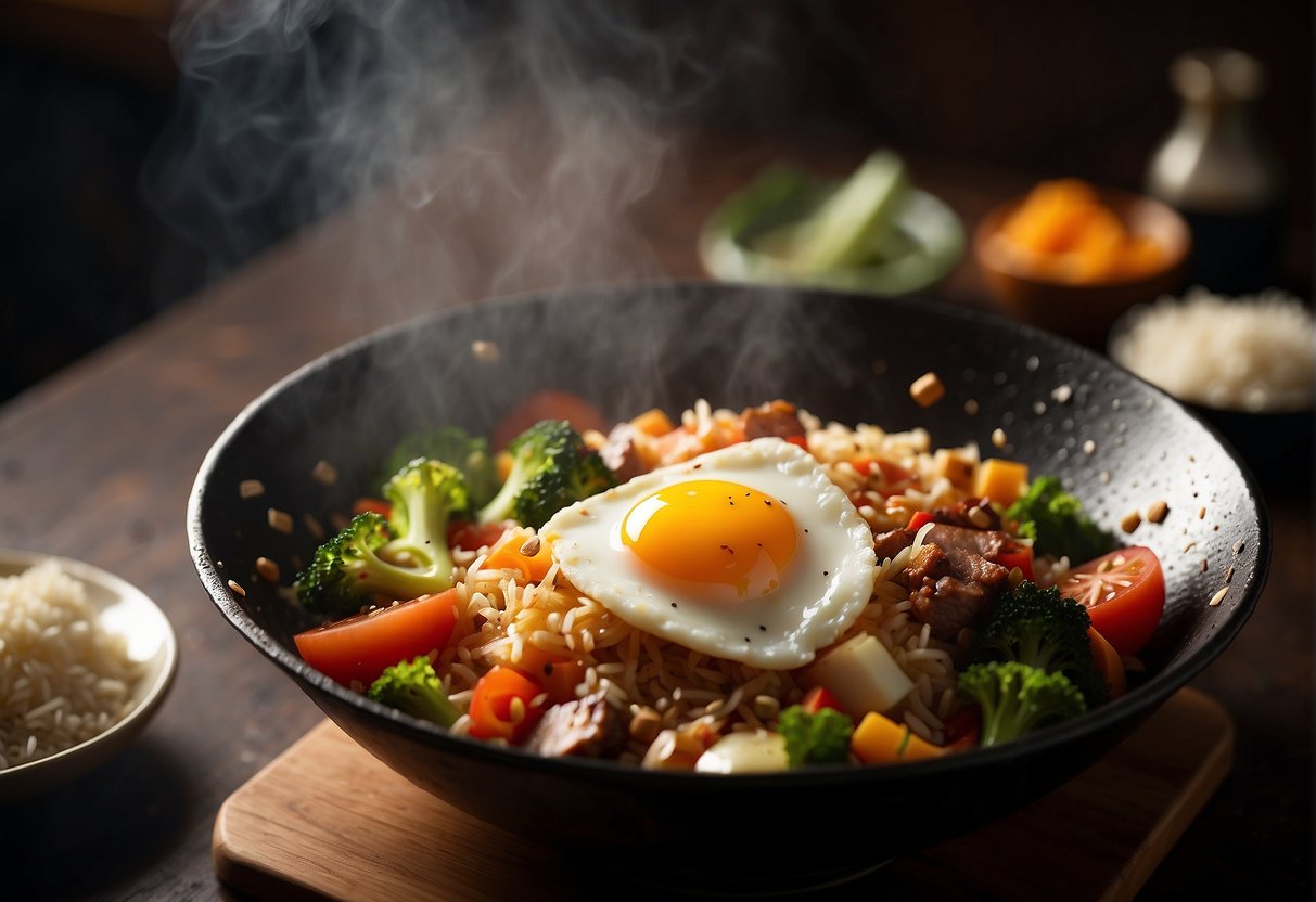 A sizzling wok filled with rice, eggs, vegetables, and diced meats, being tossed and mixed together with soy sauce and aromatic spices