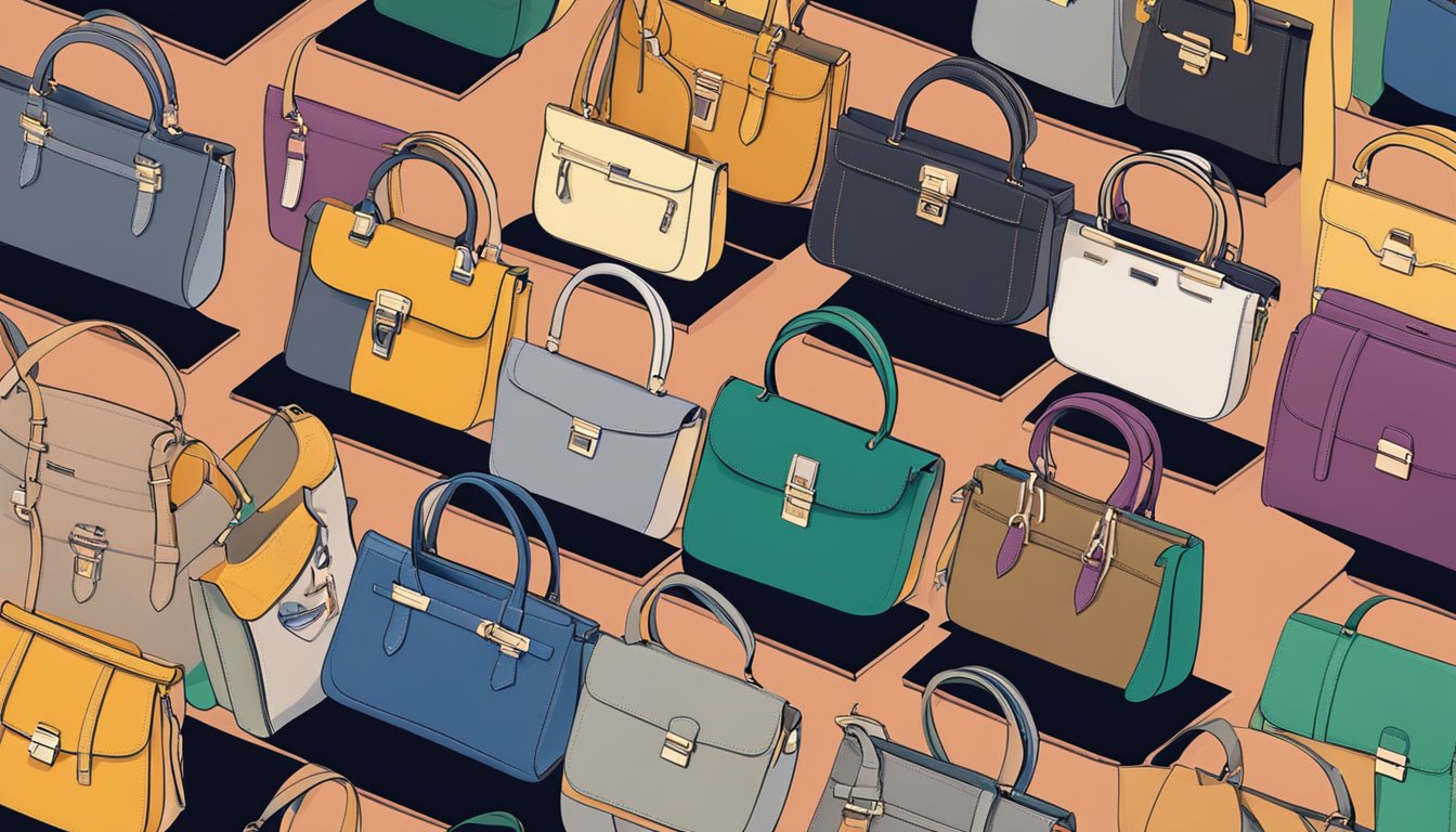 A display of fashionable branded shoulder bags in various colors and designs