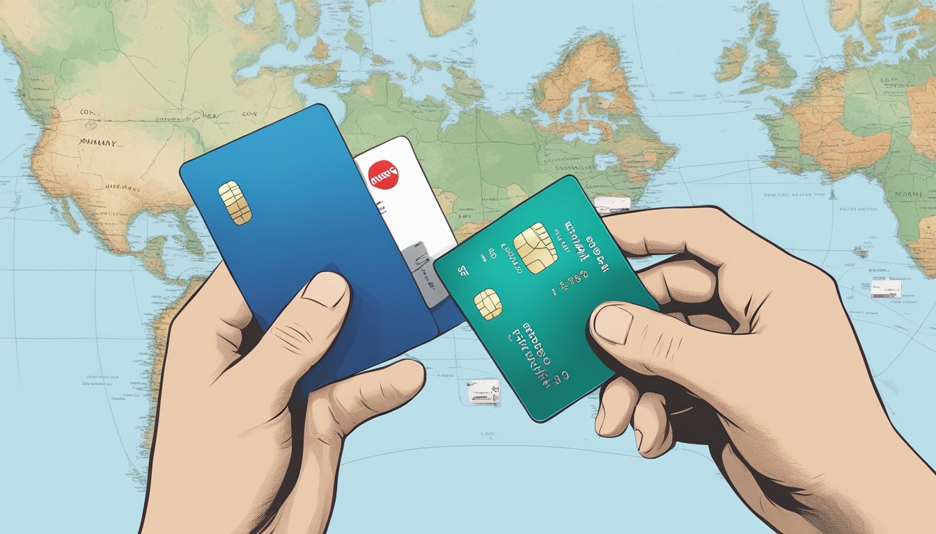A traveler's hand holding a TravelOne card next to other HSBC cards, with a map and airplane in the background