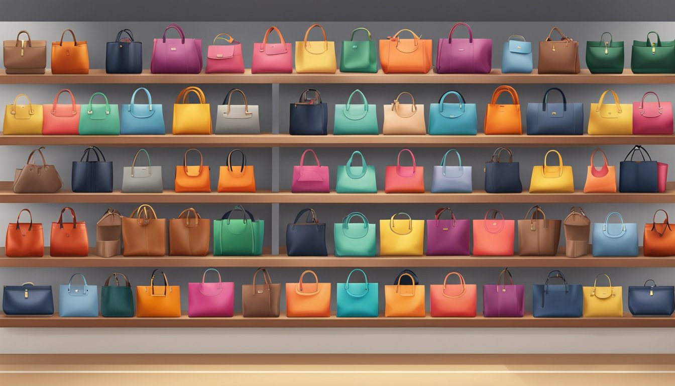 A display of branded shoulder bags in various sizes and colors, neatly arranged on shelves or racks in a well-lit and spacious store