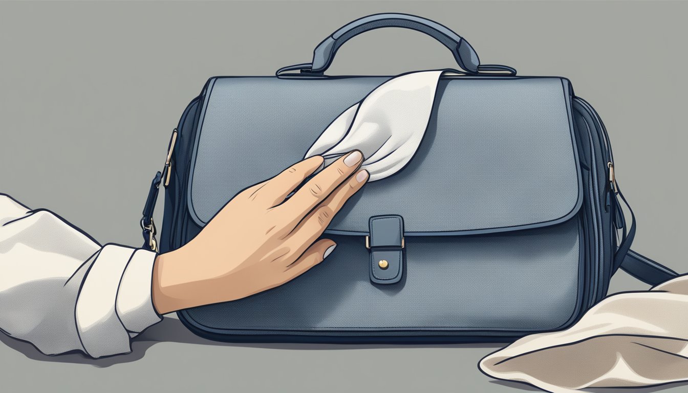 A hand reaching to gently wipe a designer shoulder bag with a soft cloth, showing care and attention to detail