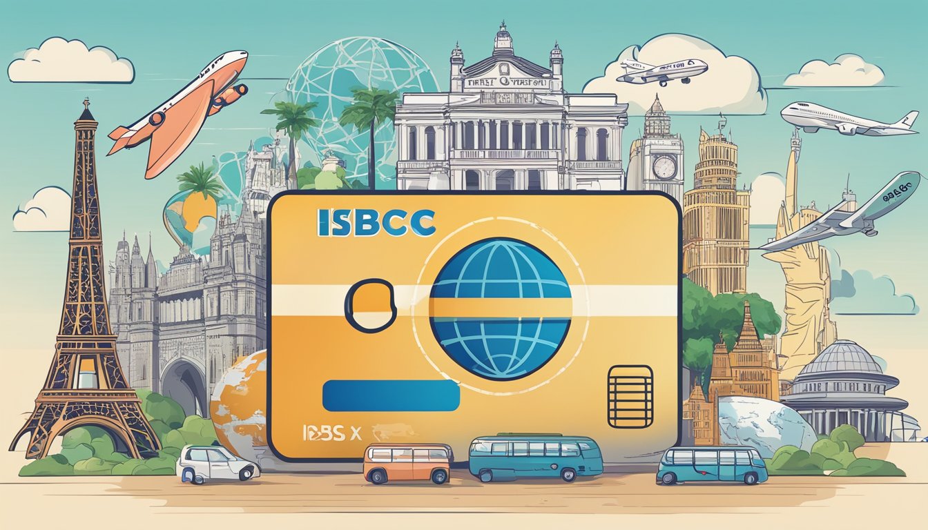 The scene depicts a credit card with "HSBC TravelOne" logo, surrounded by icons representing travel benefits and drawbacks. The card is placed against a backdrop of famous landmarks from around the world