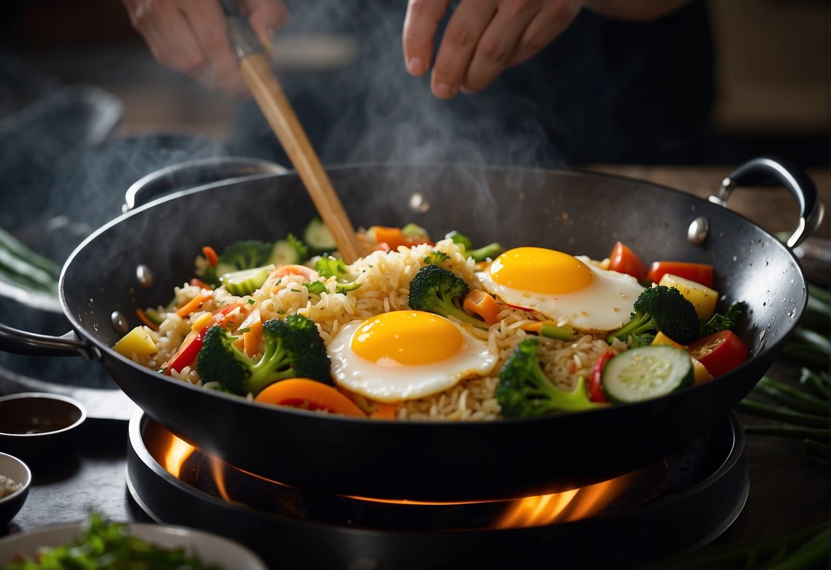 A wok sizzles with rice, eggs, and vegetables. A chef tosses the ingredients with precision, adding soy sauce and spices