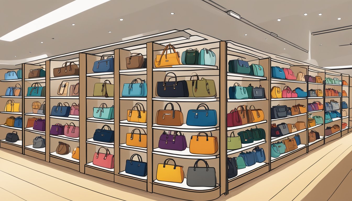 A variety of branded shoulder bags displayed on shelves in a well-lit store. Different styles, colors, and materials are showcased, creating a visually appealing scene for an illustrator to recreate