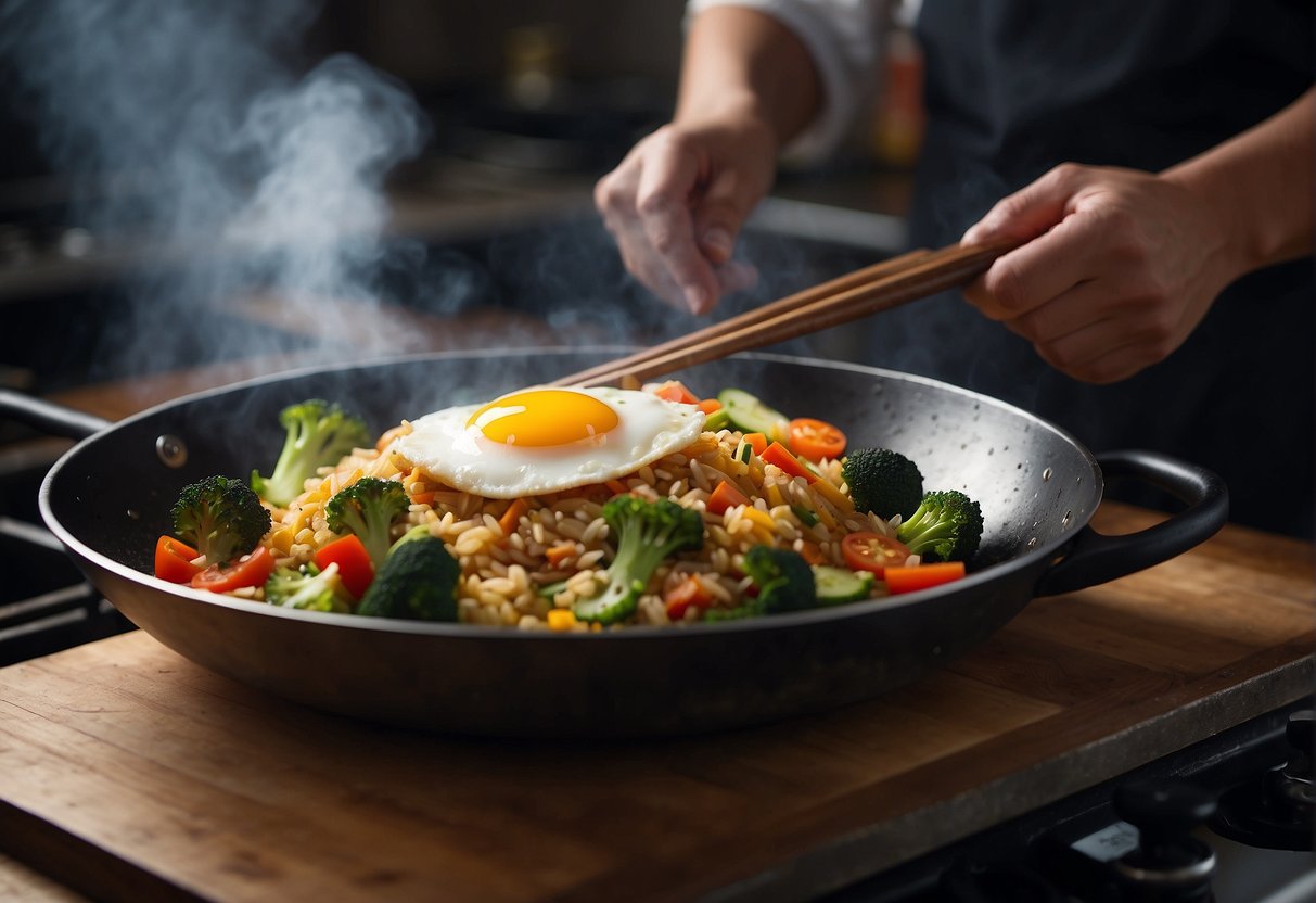 A wok sizzles with rice, vegetables, and eggs. A chef adds soy sauce and spices, creating a fragrant cloud of steam