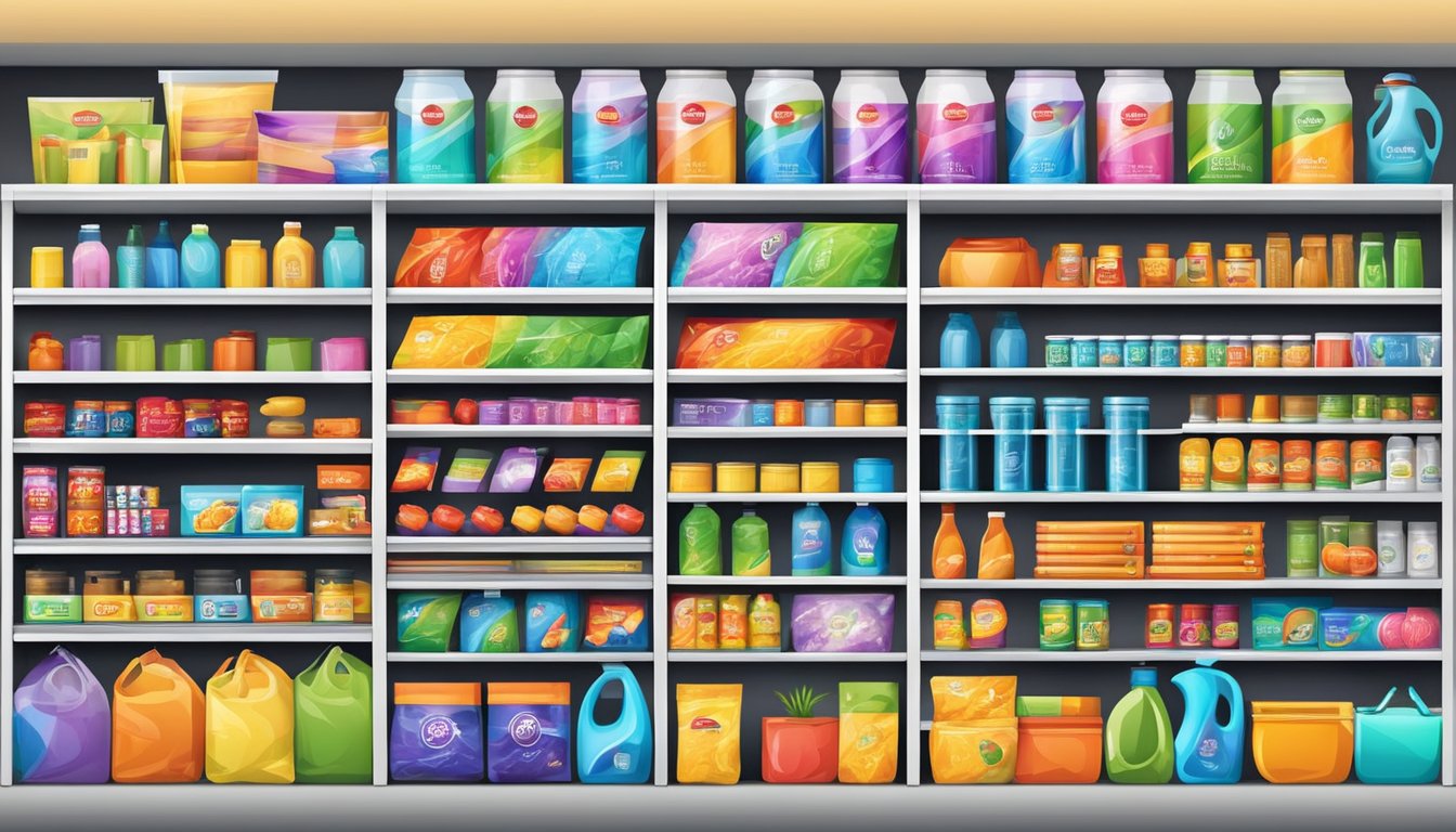 A colorful array of branded products displayed on shelves at discounted prices