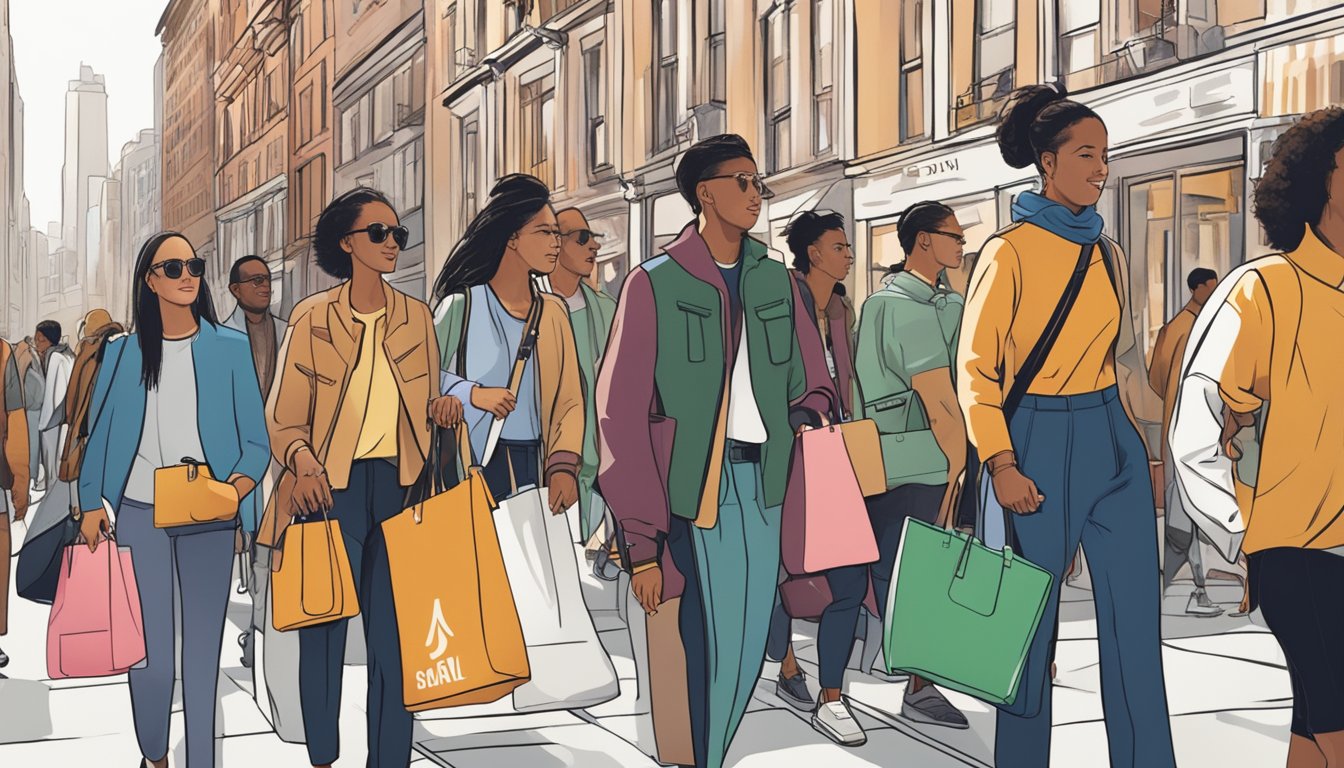 A bustling city street with diverse individuals carrying branded shoulder bags, showcasing the influence of cultural fashion hubs