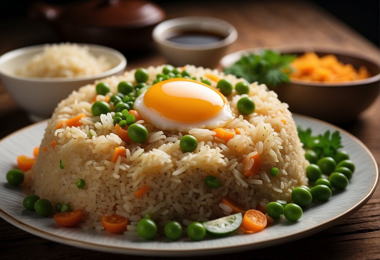 A plate of Chinese special fried rice with visible ingredients such as eggs, peas, carrots, and diced meat, accompanied by a small bowl of soy sauce on the side