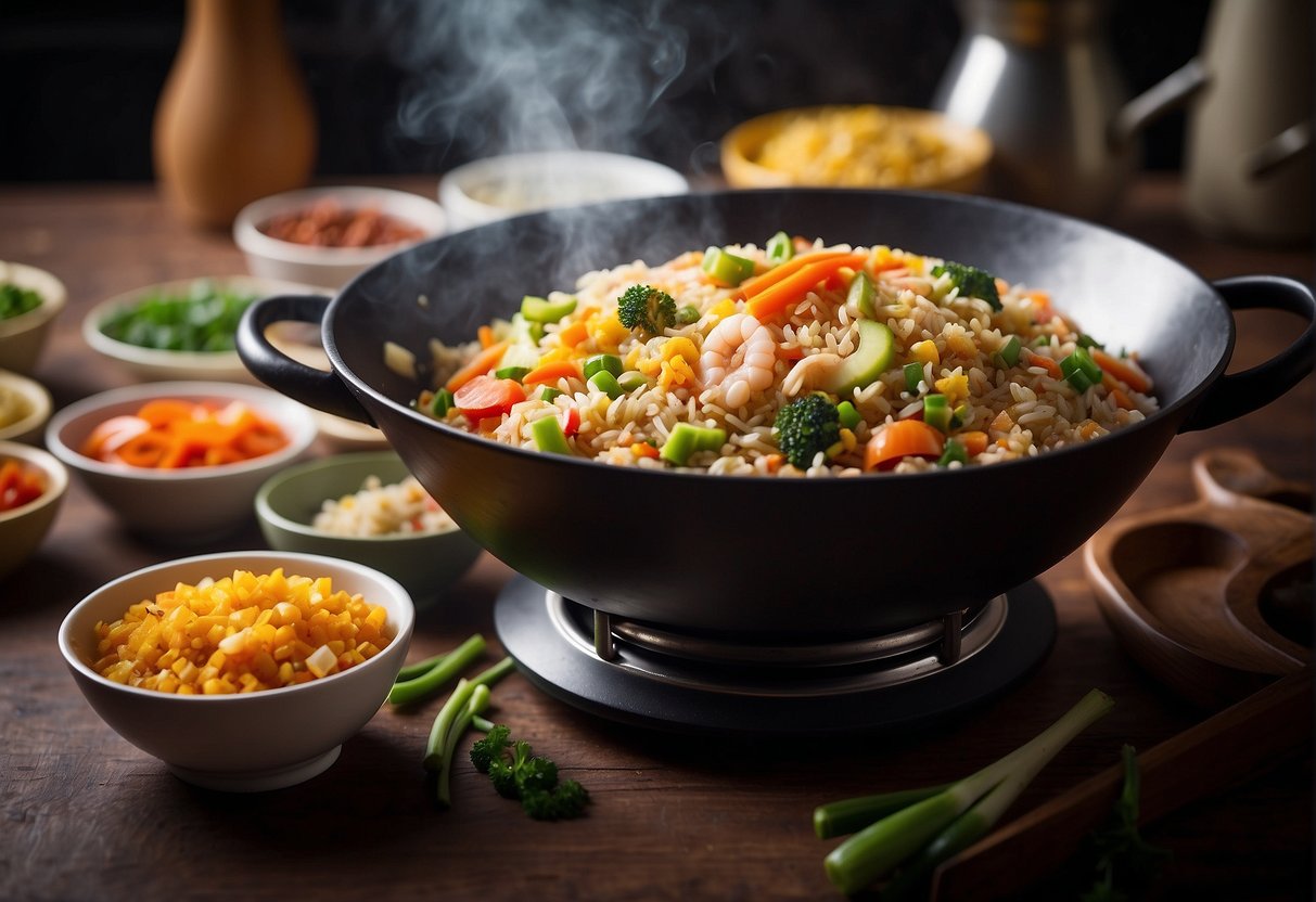 A steaming wok filled with Chinese special fried rice, surrounded by colorful ingredients and condiments, ready for serving and storage