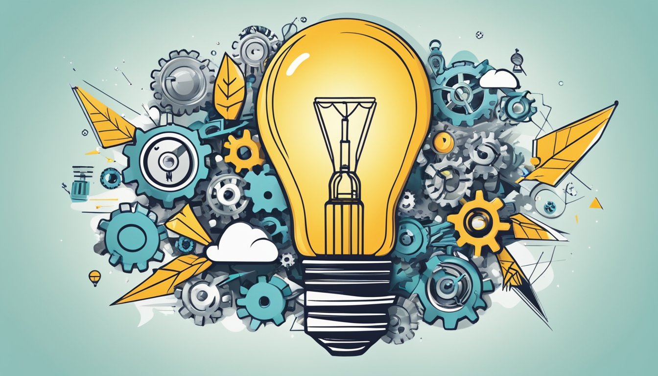 A lightbulb bursting with new ideas, surrounded by gears and arrows pointing outward, symbolizing growth and expansion for budget-friendly brands