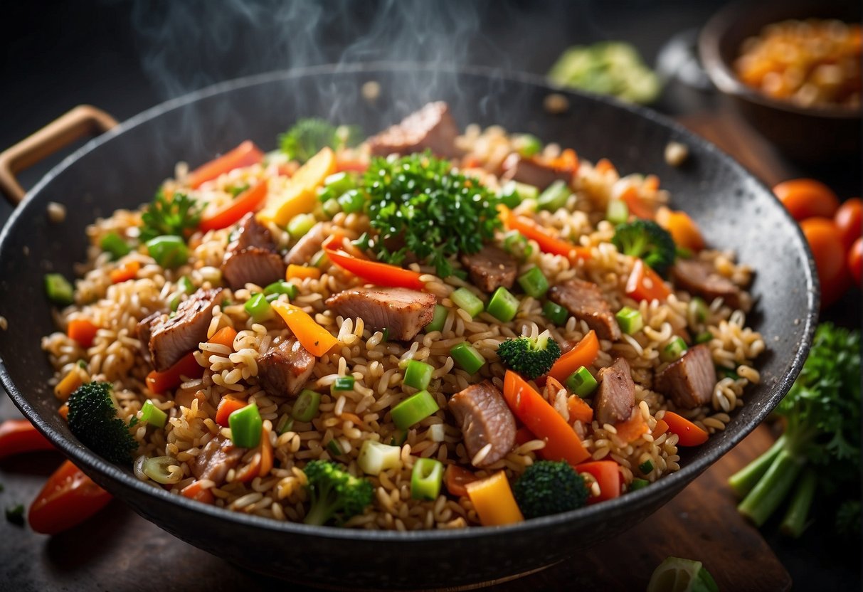 A sizzling wok filled with Chinese special fried rice, adorned with colorful vegetables and succulent pieces of meat, emanating a tantalizing aroma