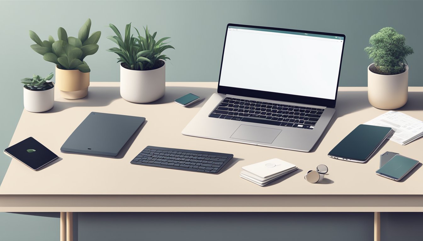 A laptop, smartphone, and tablet sit on a sleek desk, displaying the logos of various well-known brands. The room is modern and minimalist, with clean lines and a neutral color palette