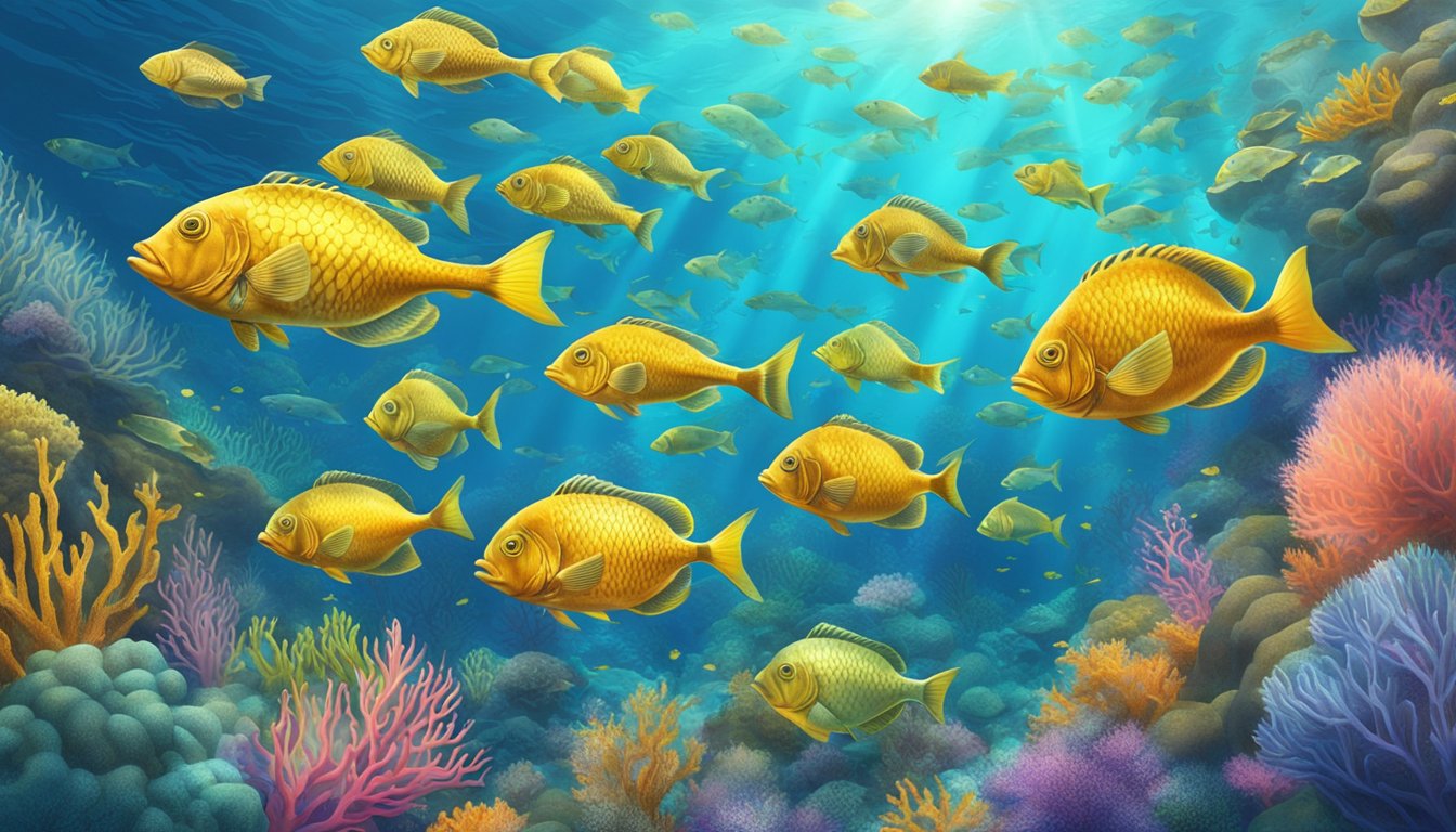 A school of fish swimming in a clear, blue ocean, surrounded by vibrant coral reefs and seaweed. Sunlight streams through the water, highlighting the shimmering scales of the fish