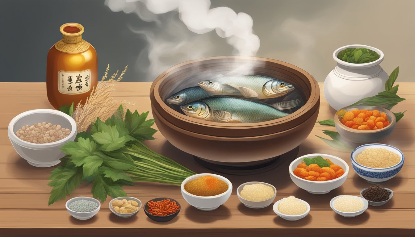 A steaming bowl of Eu Yan Sang fish essence sits on a wooden table, surrounded by traditional Chinese herbs and ingredients. The steam rises gently, evoking a sense of purity and tradition