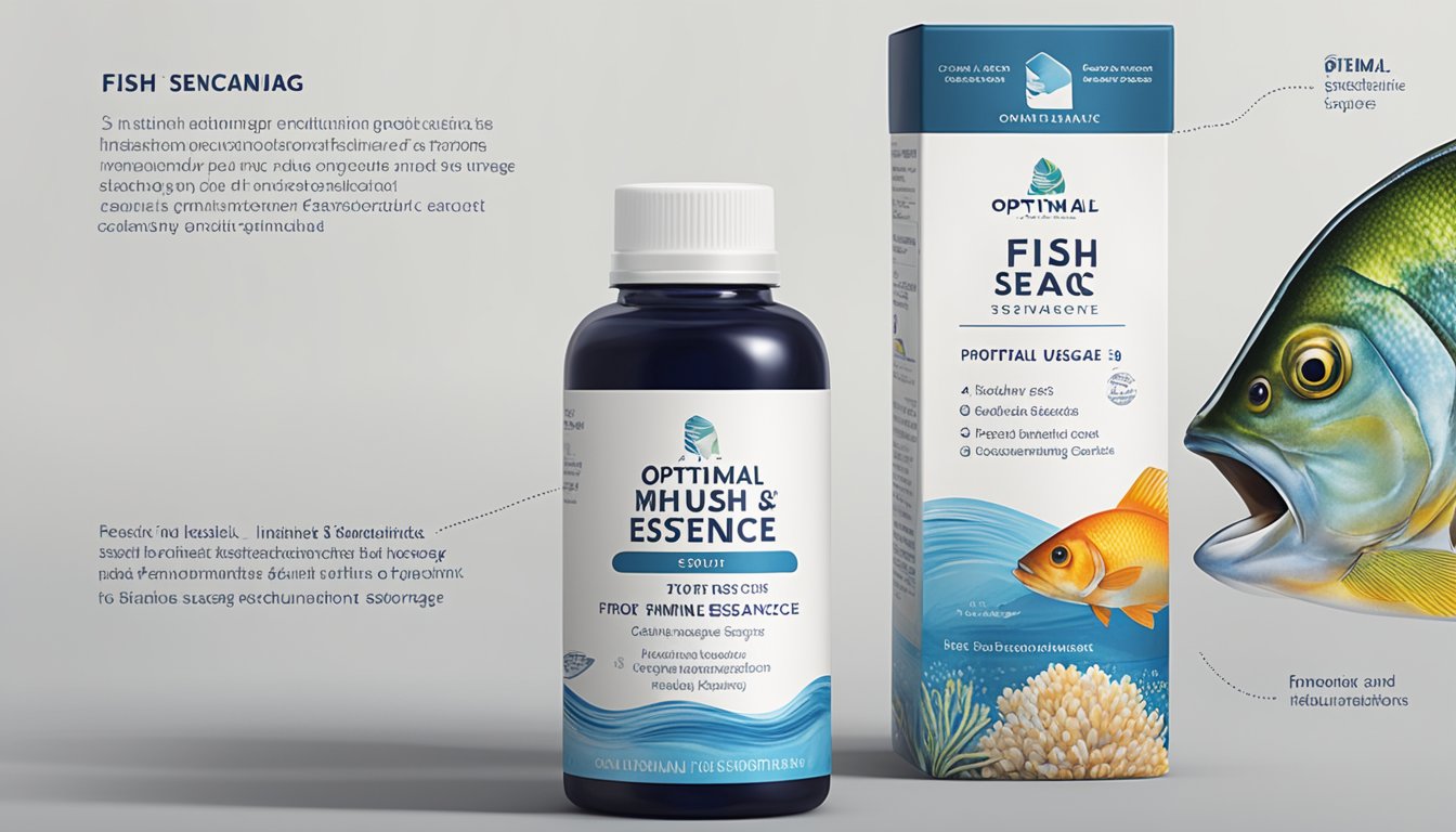 A bottle of Optimal Usage and Storage fish essence sits on a clean, white countertop, with a label showcasing the brand's logo and product information