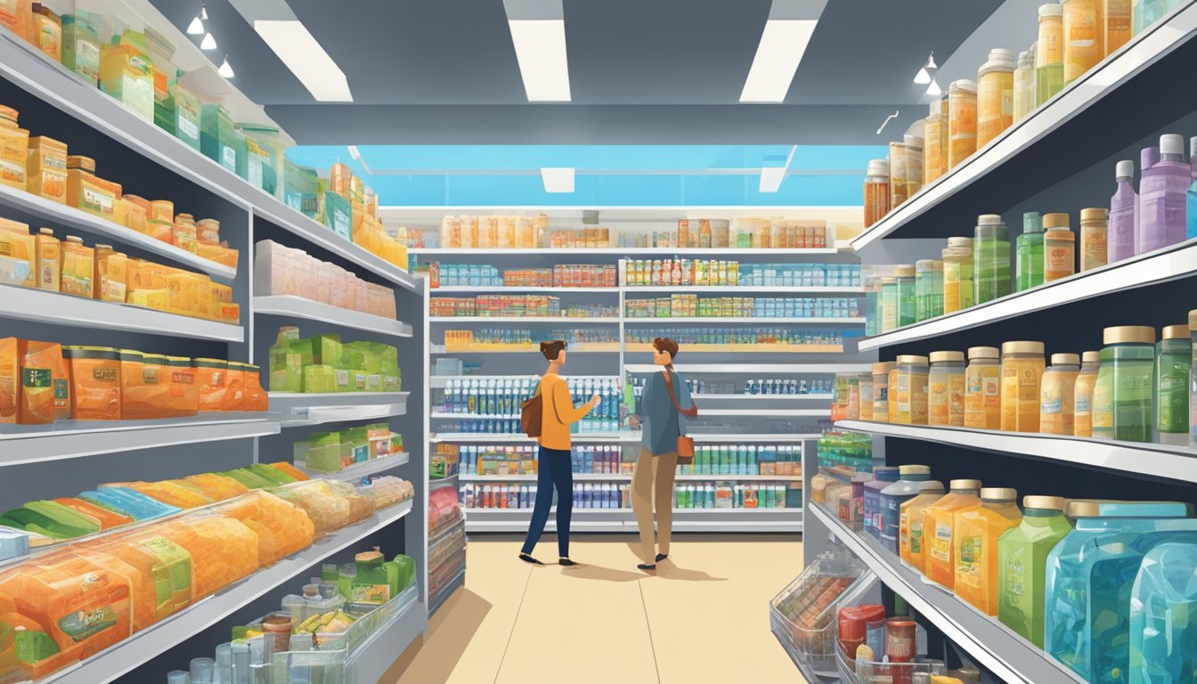 Customers effortlessly navigate through a modern store, surrounded by shelves stocked with various brands of fish essence products, creating a seamless shopping experience