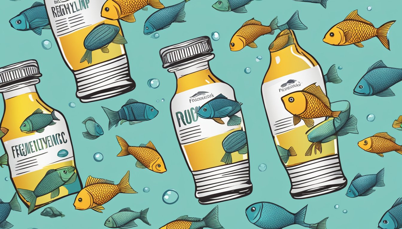 A school of fish swimming around a bottle labeled "Frequently Asked Questions brands fish essence."