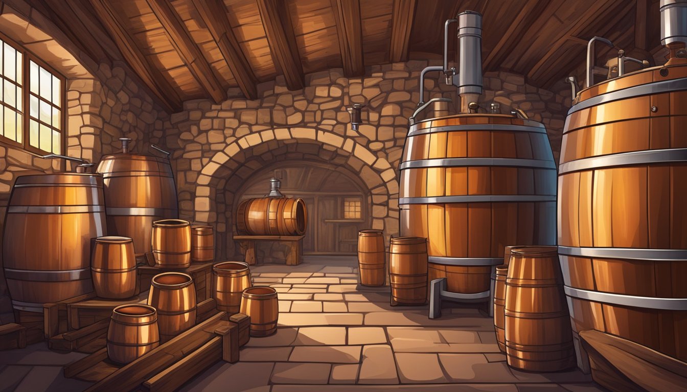 A copper still distills brandy from ripe grapes in a rustic cellar. Barrels line the walls, aging the rich amber liquid