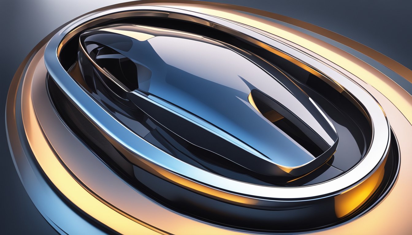 A sleek car brand logo shines on a polished surface, surrounded by futuristic design elements