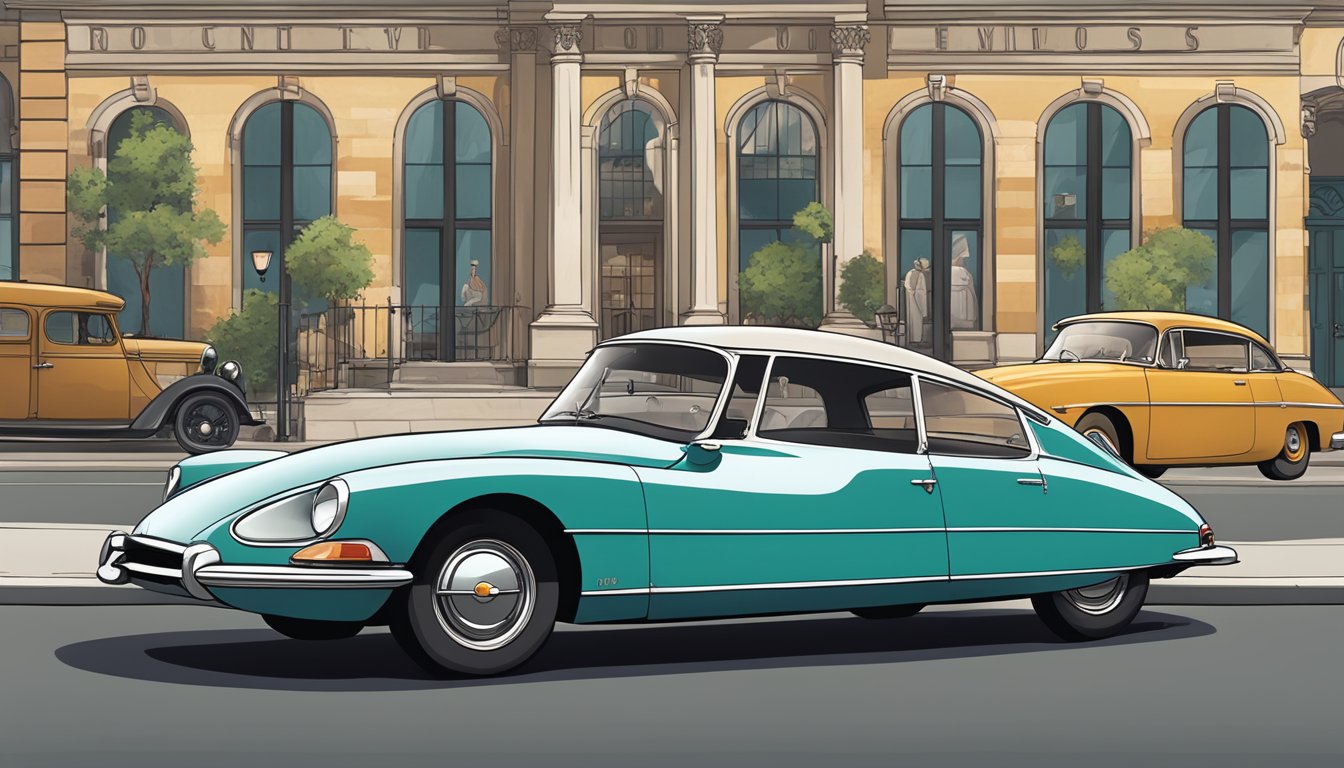 A sleek DS car sits in front of a historic building, surrounded by vintage posters and memorabilia showcasing the brand's evolution over time