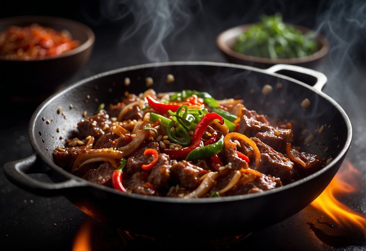 Sizzling beef tendon in a wok with vibrant red chili peppers and Sichuan peppercorns, emitting aromatic and spicy steam