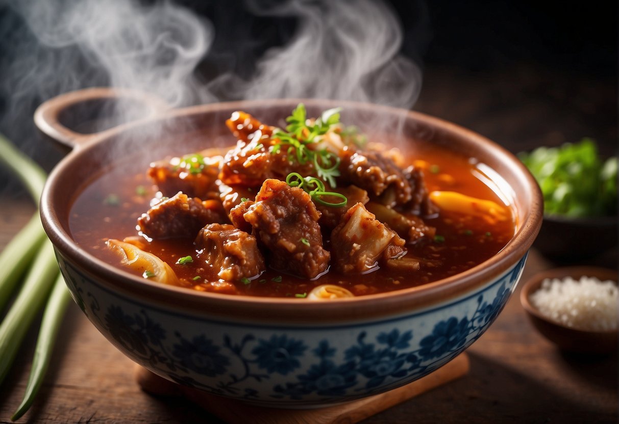 A simmering pot of spicy beef tendon in a rich Chinese sauce, with steam rising and aromatic spices wafting through the air