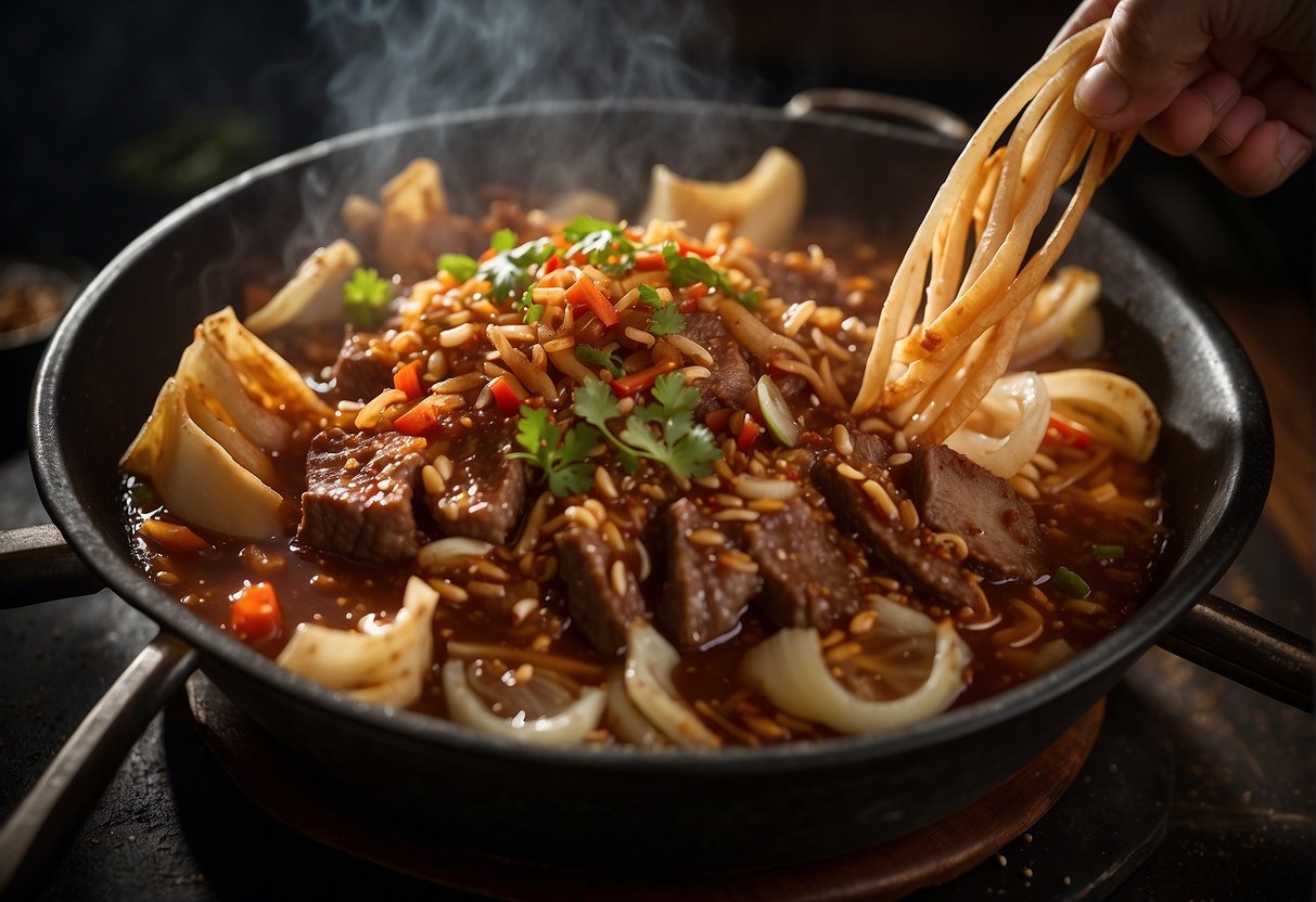 Beef tendon being marinated in spicy Chinese seasonings, sliced and stirred in a hot wok