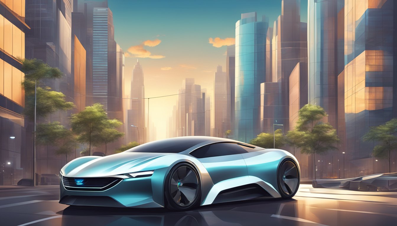 A sleek, modern car with advanced technology on a futuristic city street