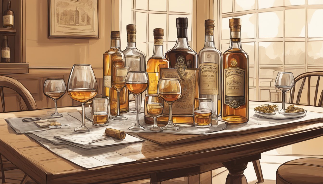 A table set with various brandy bottles, glasses, and tasting notes. A warm, inviting atmosphere with soft lighting and rich colors